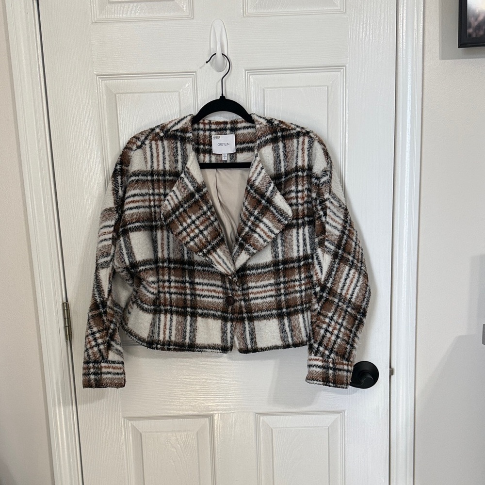 Anthropologie Plaid Cropped Blazer in Brown and Cream